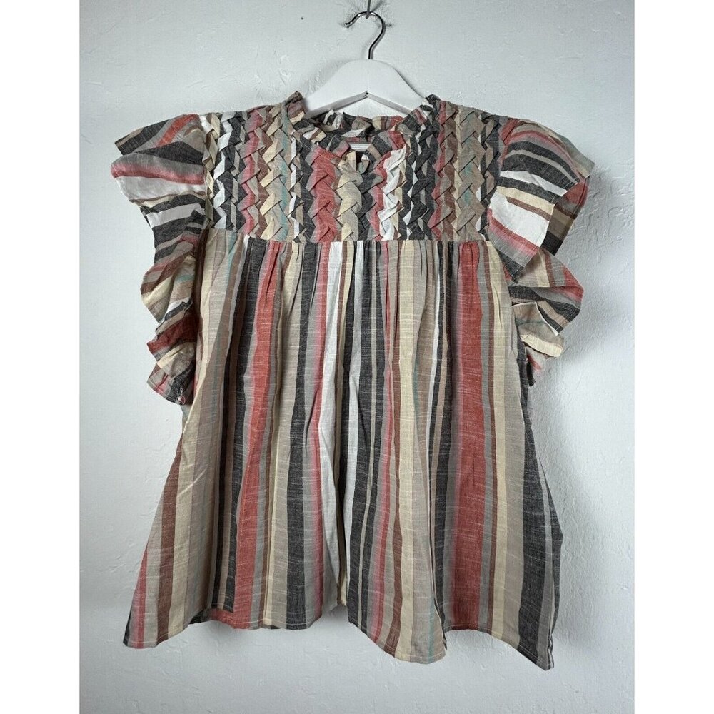 Jennifer & Grace Women's Flared Sleeves Weave Blouse Top Striped Cotton Size XL - Picture 1 of 10